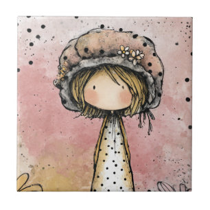 Whimsical Girl Watercolor with Floral Accents (7) Tile
