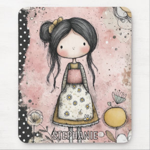 Whimsical Girl Watercolor with Floral Accents (8) Mouse Mat