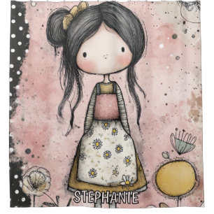 Whimsical Girl Watercolor with Floral Accents (8) Shower Curtain