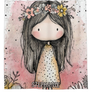 Whimsical Girl Watercolor with Floral Accents (9) Shower Curtain