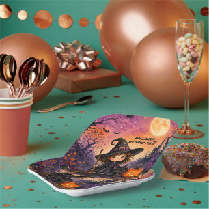 Whimsical Girl Witch Halloween Birthday Party Paper Plate