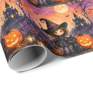 Whimsical Girl Witch Halloween Birthday Party Wrapping Paper