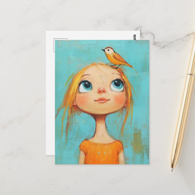 Whimsical Girl with bird on her head Postcard (Front/Back In Situ)