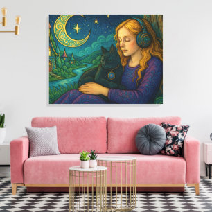 Whimsical Girl with Black Cat Under Crescent Moon Canvas Print