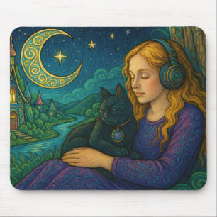 Whimsical Girl with Black Cat Under Crescent Moon Mouse Mat