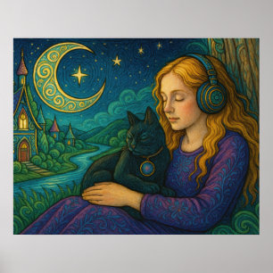 Whimsical Girl with Black Cat Under Crescent Moon Poster