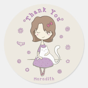 Whimsical Girl With Cat "Thank You" Classic Round Sticker