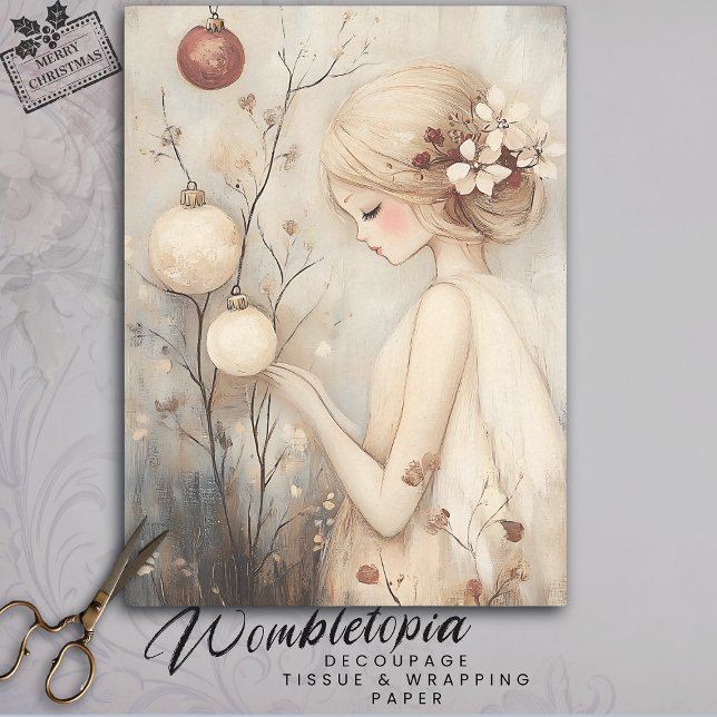Whimsical Girl with Christmas Ornaments Decoupage Tissue Paper (Creator Uploaded)