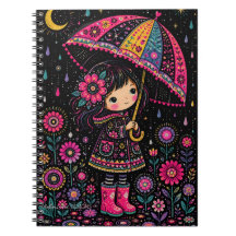 Whimsical Girl with Floral Umbrella Starry Night