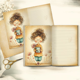 Whimsical Girl with Flowers Junk Journal Page