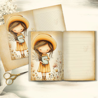 Whimsical Girl with Hat Vintage Junk Journal Page
