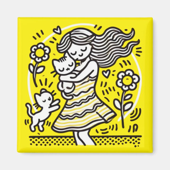 Whimsical Girl with Kitten Magnet (Front)