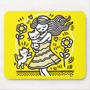 Whimsical Girl with Kitten Mouse Mat