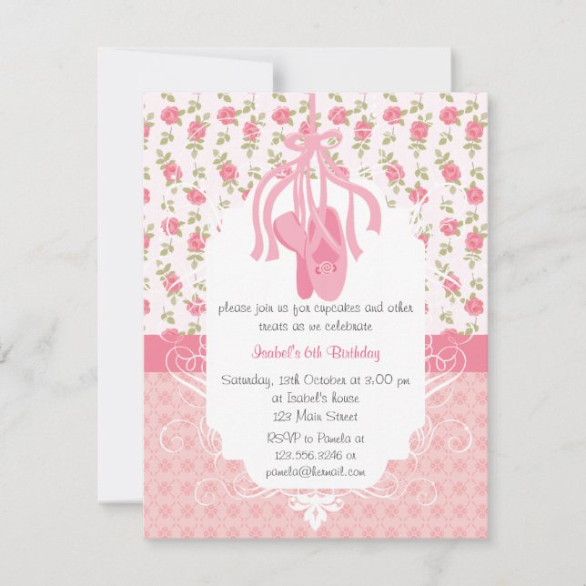 Whimsical Girly Floral Pink Ballerina Birthday Invitation (Front)