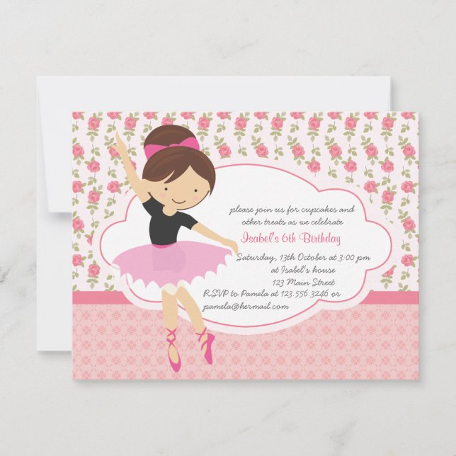 Whimsical Girly Floral Pink Ballerina Birthday Invitation (Front)