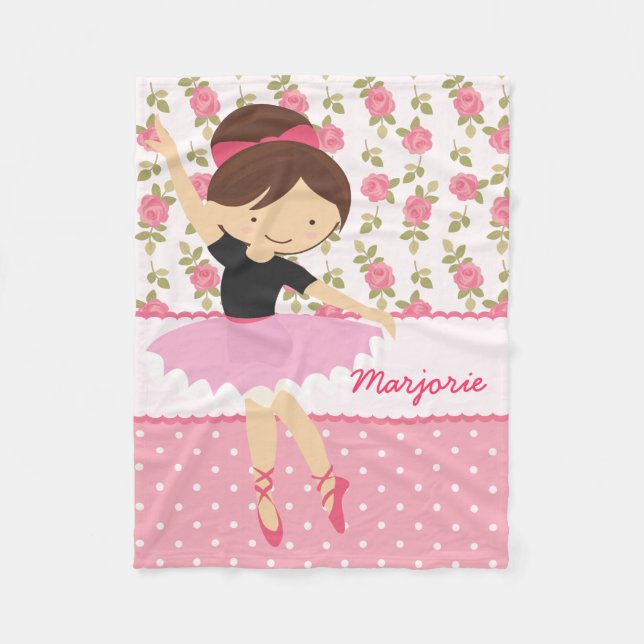 Whimsical Girly Floral Pink Ballerina Personalised Fleece Blanket (Front)