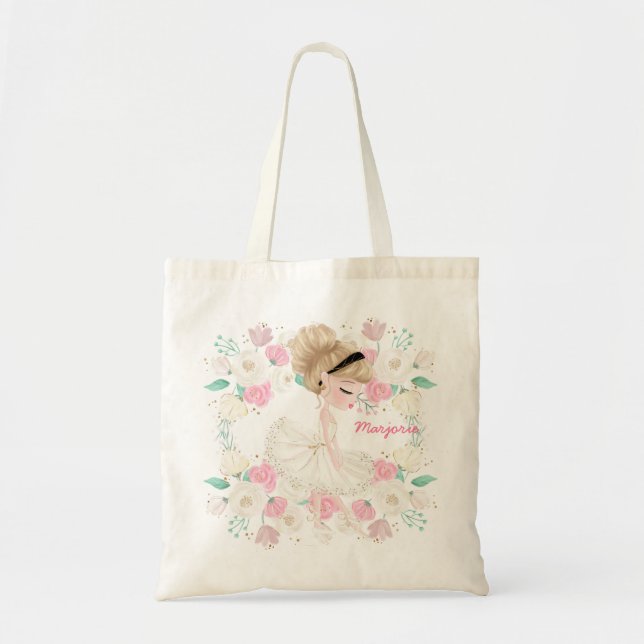 Whimsical Girly Floral Pink Ballerina Personalised Tote Bag (Front)