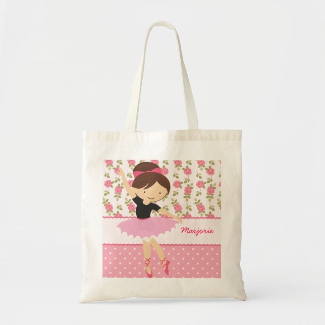 Whimsical Girly Floral Pink Ballerina Personalised Tote Bag (Front)