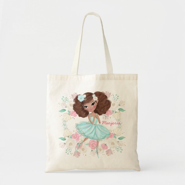 Whimsical Girly Floral Pink Ballerina Personalised Tote Bag (Front)