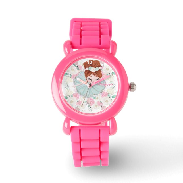 Whimsical Girly Floral Pink Ballerina Personalised Watch (Front)