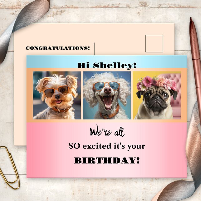 Whimsical Girly Funny Photos Pastel Birthday  Postcard (Funny animal birthday postcard featuring your 3 photos (optional) on a whimsical pastel background)