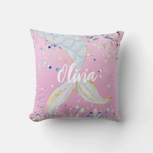 Whimsical Glitter Mermaid Beachy Under the Sea  Cushion (Front)