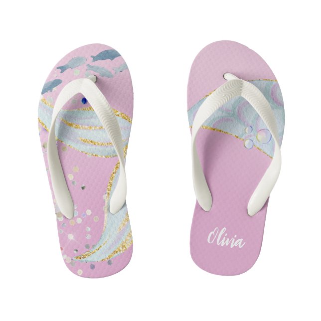 Whimsical Glitter Mermaid Beachy Under the Sea  Kid's Flip Flops (Footbed)