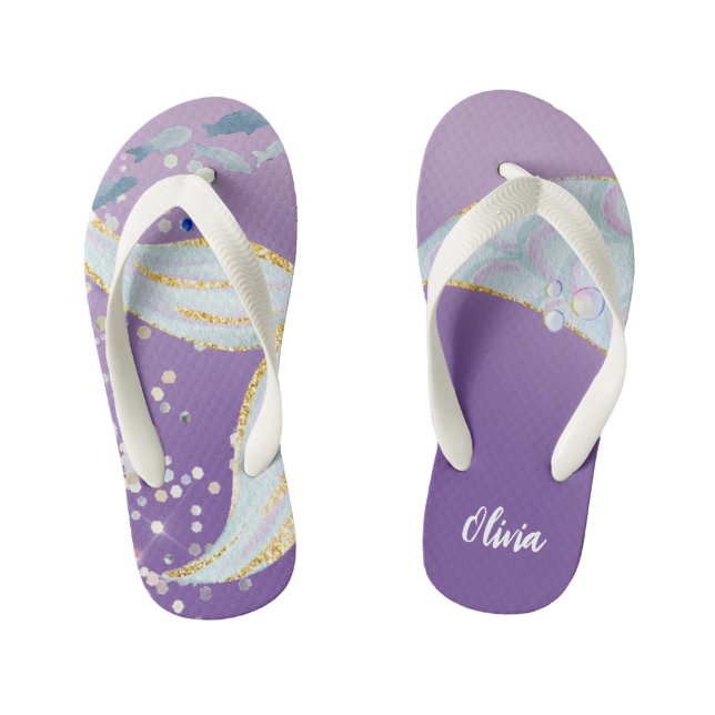 Whimsical Glitter Mermaid Beachy Under the Sea  Kid's Flip Flops (Footbed)
