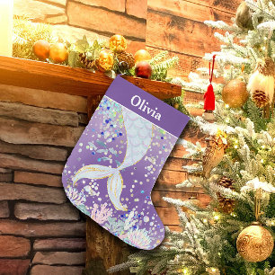 Whimsical Glitter Mermaid Beachy Under the Sea Large Christmas Stocking