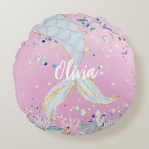 Whimsical Glitter Mermaid Beachy Under the Sea  Round Cushion