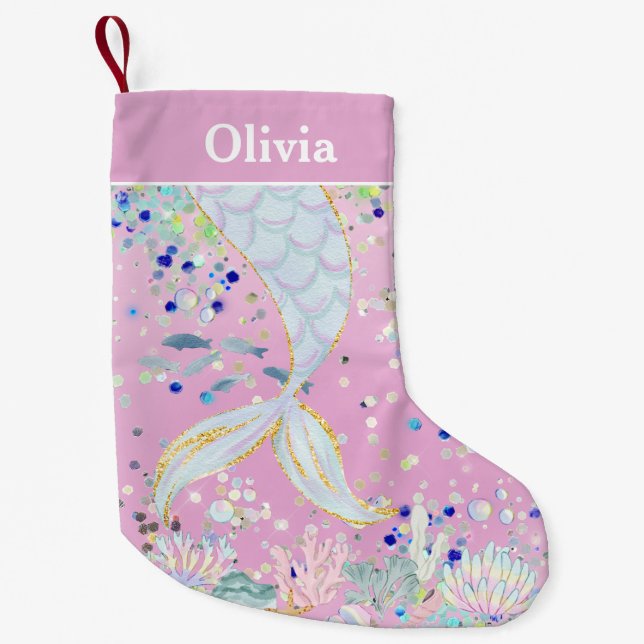 Whimsical Glitter Mermaid Beachy Under the Sea  Small Christmas Stocking (Front)