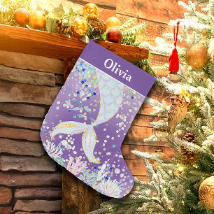Whimsical Glitter Mermaid Beachy Under the Sea  Small Christmas Stocking