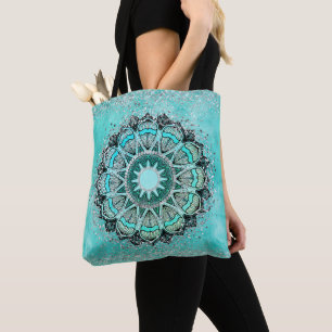 Whimsical Glittery Lotus Mandala on Teal Tote Bag