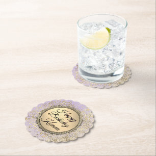 Whimsical Glittery Starry Lavender Birthday Paper Coaster