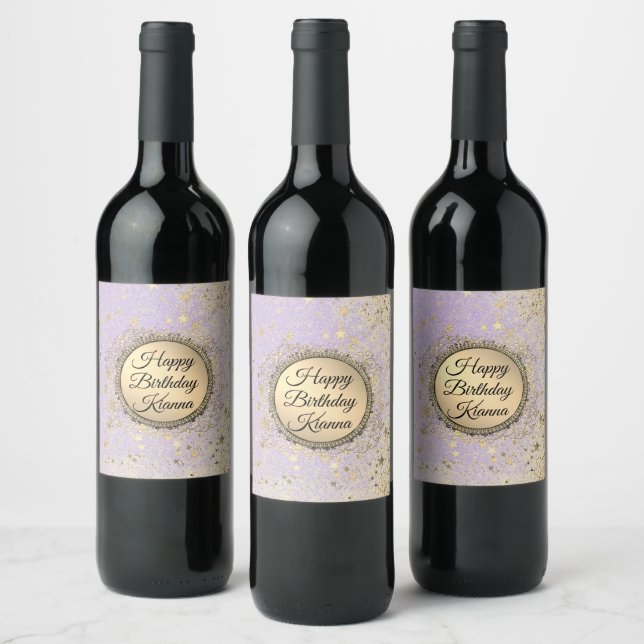 Whimsical Glittery Starry Lavender Birthday Wine Label (Bottles)