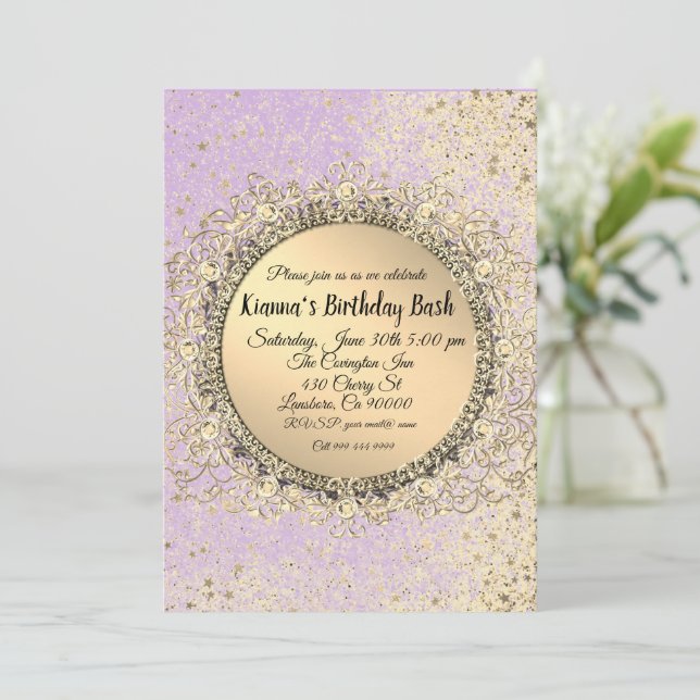 Whimsical Glittery Stars Lavender Birthday (Standing Front)
