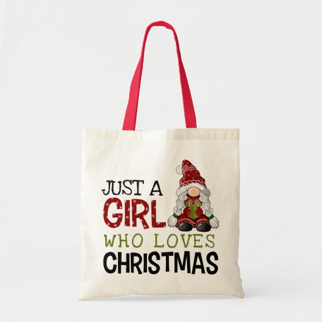 Whimsical Gnome Art Just a Girl Who Love Christmas Tote Bag (Front)