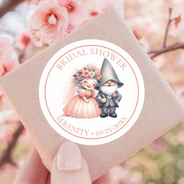 Whimsical Gnome Bride & Groom Bridal Shower Favour Classic Round Sticker (Creator Uploaded)