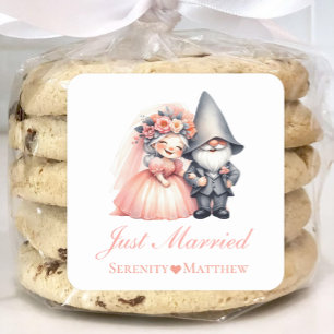 Whimsical Gnome Bride Groom Just Married Wedding Square Sticker