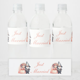 Whimsical Gnome Bride Groom Just Married Wedding Water Bottle Label