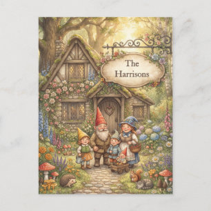 Whimsical Gnome Family in Enchanted Forest Cottage Postcard