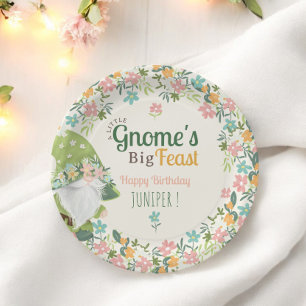 Whimsical Gnome First Birthday Floral Paper Plate