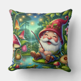 Whimsical Gnome Fishing by A Magical Forest Cushion