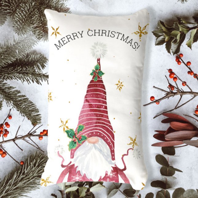 Whimsical Gnome Holly Merry Christmas Gold Stars Lumbar Cushion (Creator Uploaded)
