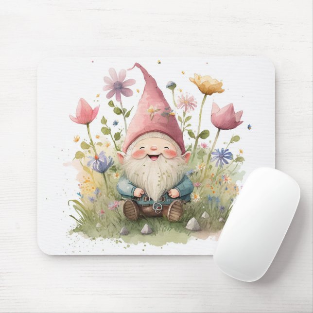 Whimsical Gnome In Garden Mouse Mat (With Mouse)