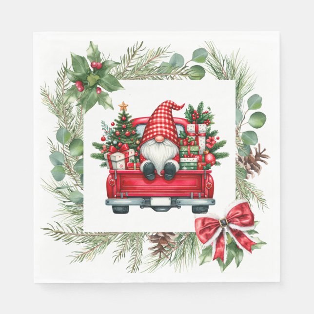 Whimsical Gnome in Red Truck with Christmas Wreath Napkin (Front)