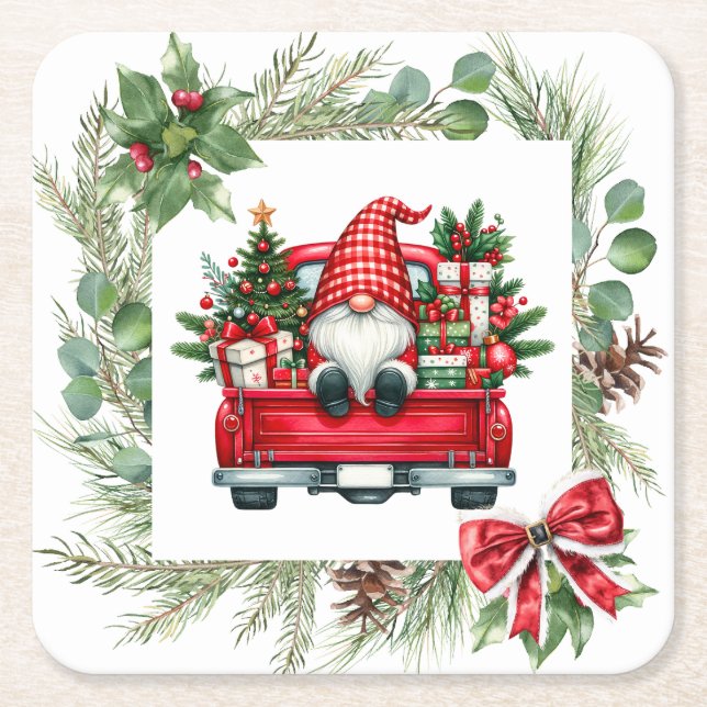 Whimsical Gnome in Red Truck with Christmas Wreath Square Paper Coaster (Front)