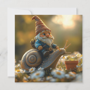 Whimsical Gnome on Snail Ride Magical Garden Scene Holiday Card