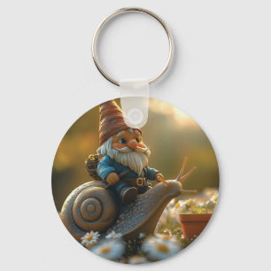Whimsical Gnome on Snail Ride Magical Garden Scene Key Ring