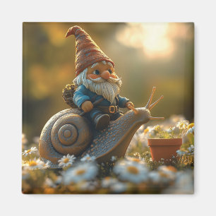 Whimsical Gnome on Snail Ride Magical Garden Scene Magnet